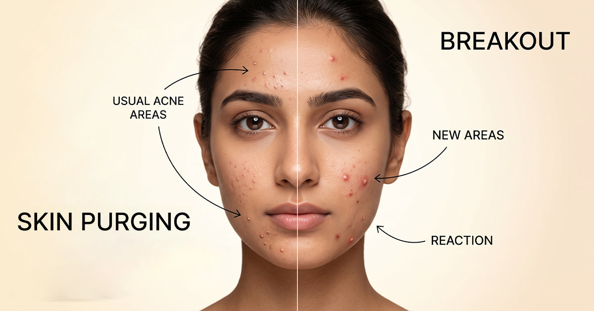 Skin purging vs breakout comparison showing the difference between acne areas and new breakouts