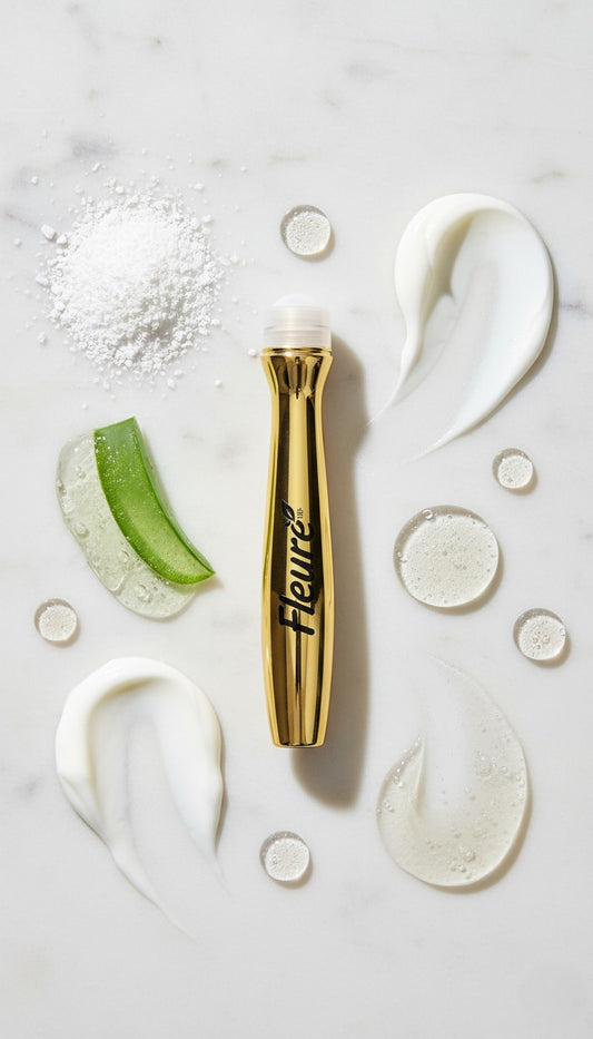 Cooling roller ball applicator on Fleuré dark circle eye roller serum for precise under eye use