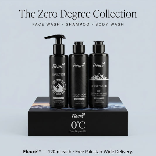 Zero Degree Kit featuring menthol face wash, cooling body wash and sulfate-free shampoo