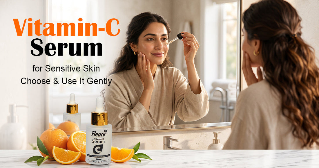 Vitamin C serum for sensitive skin with a woman applying a gentle Fleuré formula during her skincare routine