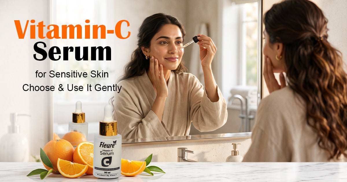 Vitamin C serum for sensitive skin with a woman applying a gentle Fleuré formula during her skincare routine