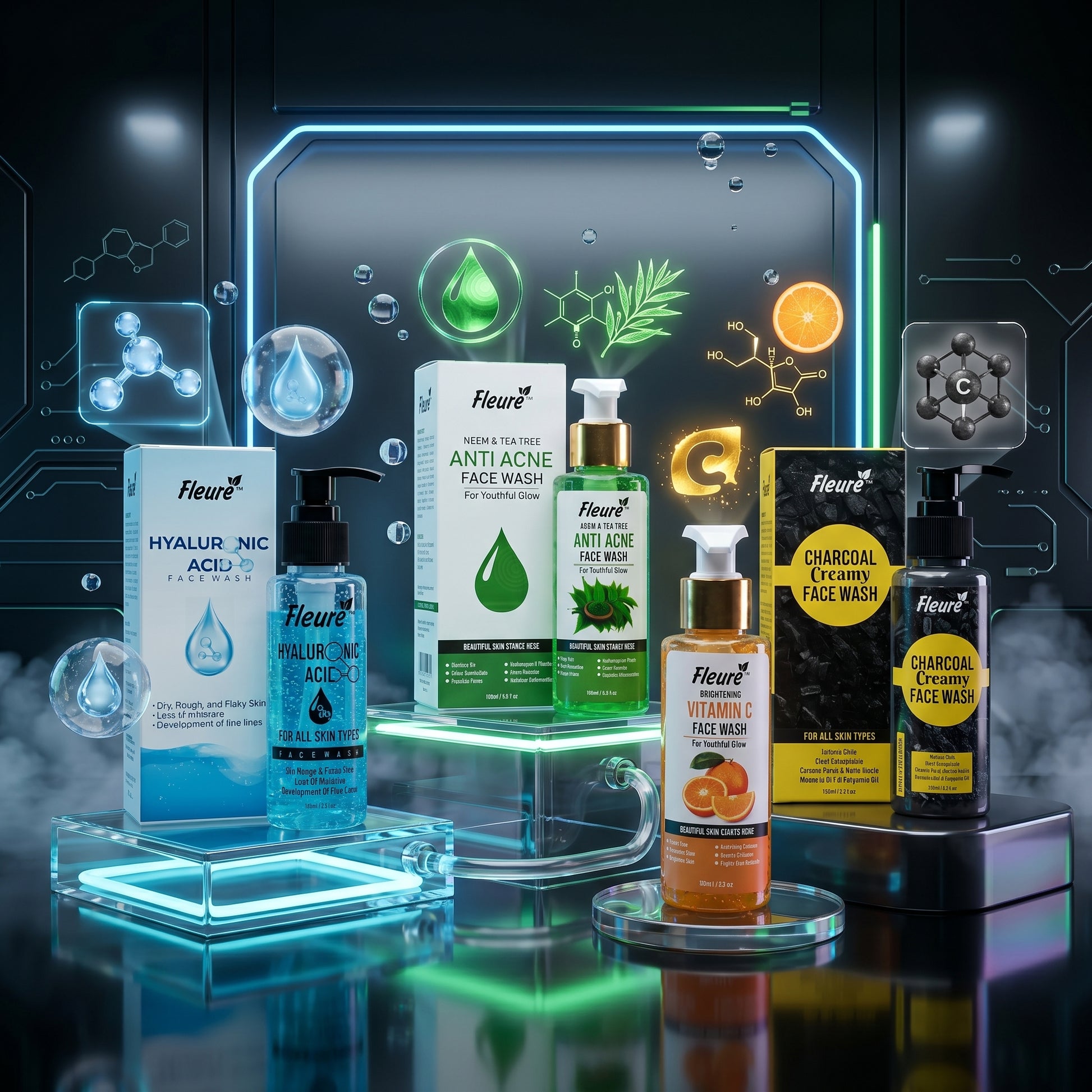 4 Face Wash Bundle Pakistan featuring activated charcoal face wash, brightening vitamin C face wash, and hyaluronic acid cleanser
