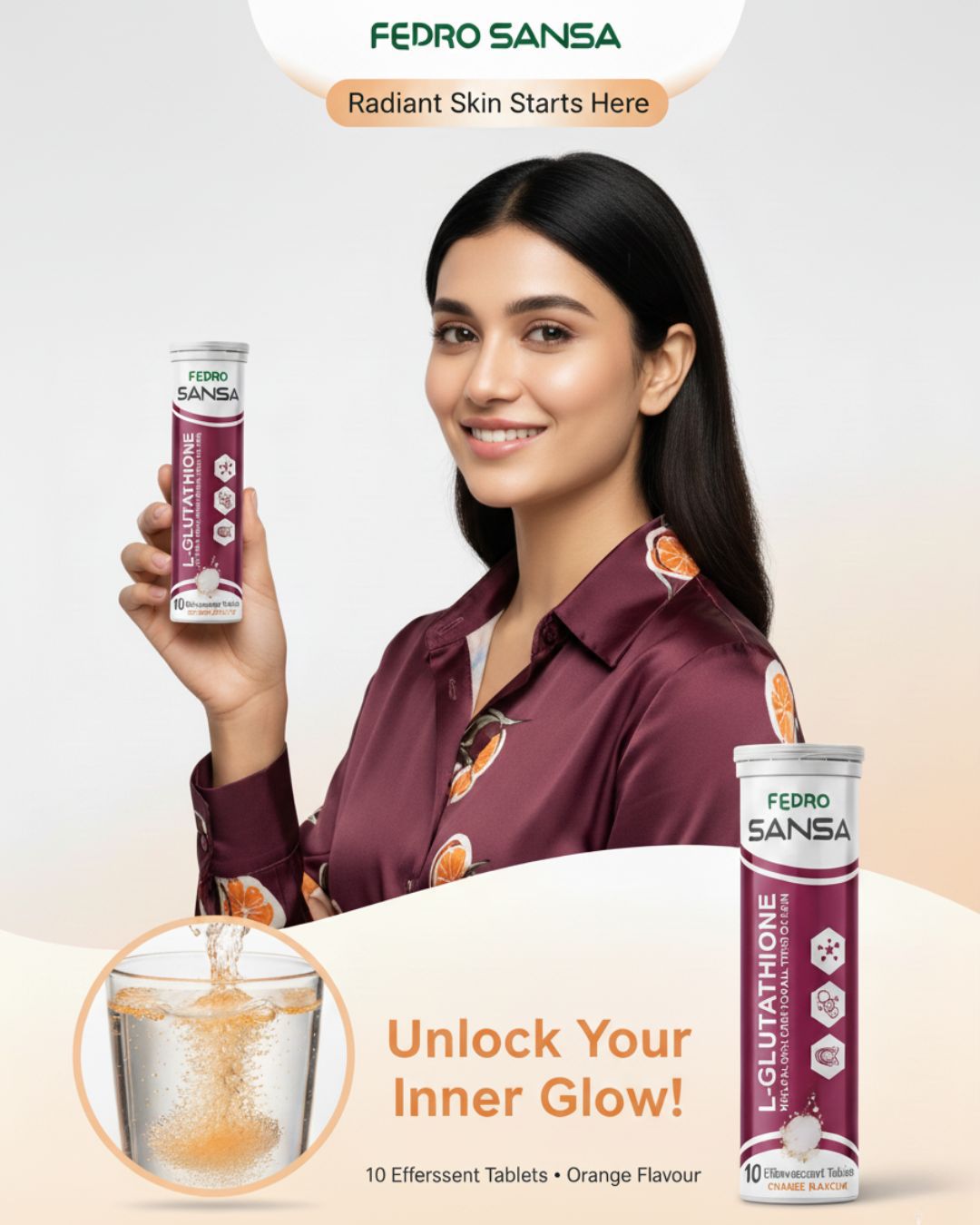 SANSA - Glutathione Effervescent Tablets with Vitamin C, E & Hyaluronic Acid – Skin Brightening & Antioxidant Boost