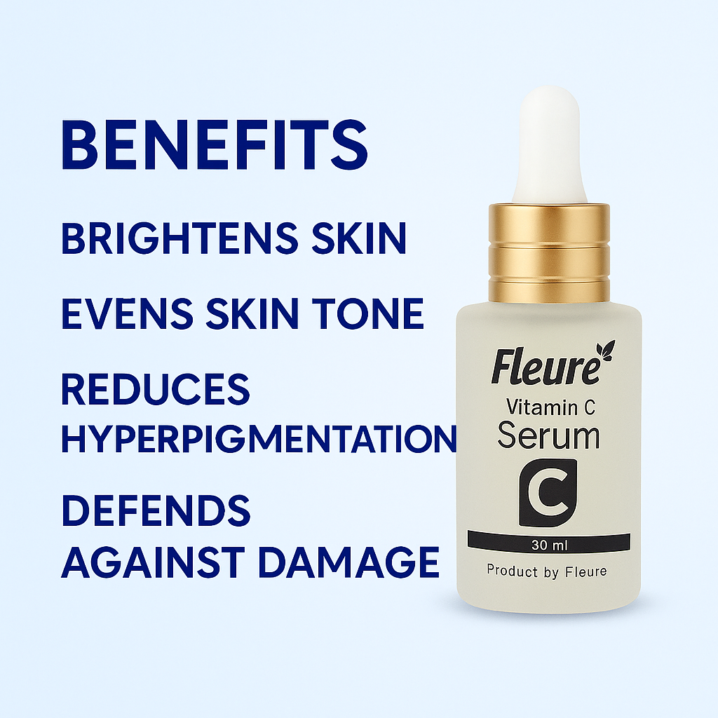 Benefits of Fleuré Vitamin C Serum: brightens skin, evens skin tone, reduces hyperpigmentation, & defends against damage