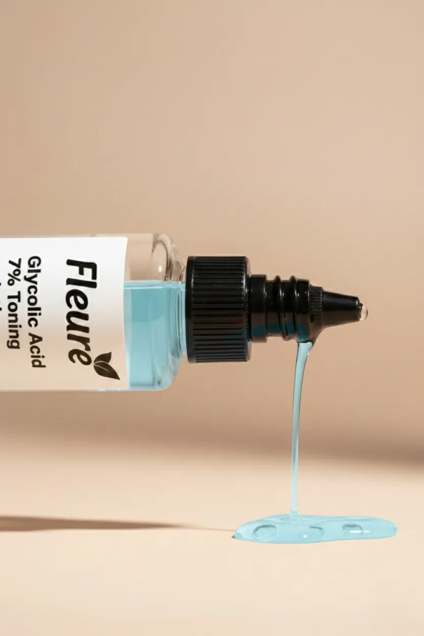 Close-up of Fleuré Glycolic Acid 7% Toning Solution, highlighting water-light texture
