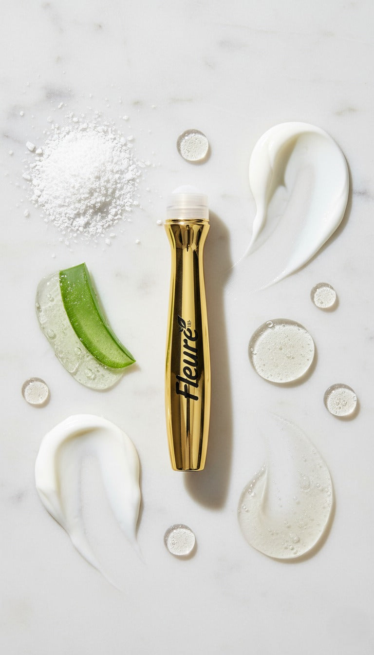 Cooling roller ball applicator on Fleuré dark circle eye roller serum for precise under eye use