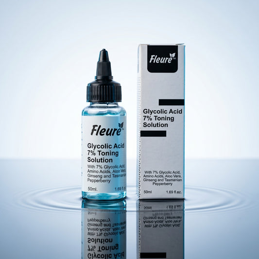 Fleuré Glycolic Acid 7% Toning Solution bottle and packaging for skin exfoliation and brightening
