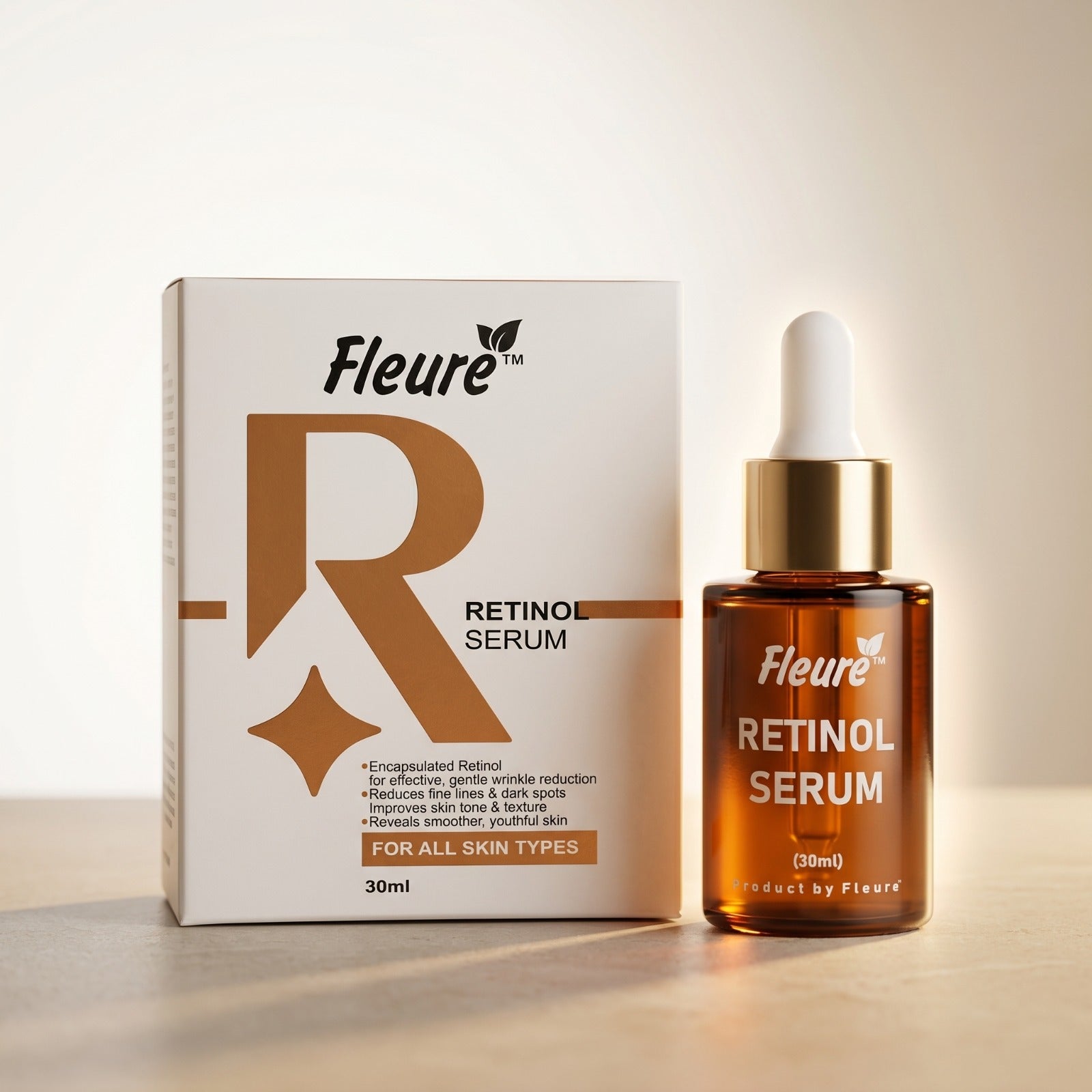 Fleuré Retinol Serum 30ml bottle, best anti-ageing retinol face serum in Pakistan for fine lines, wrinkles, and dark spots