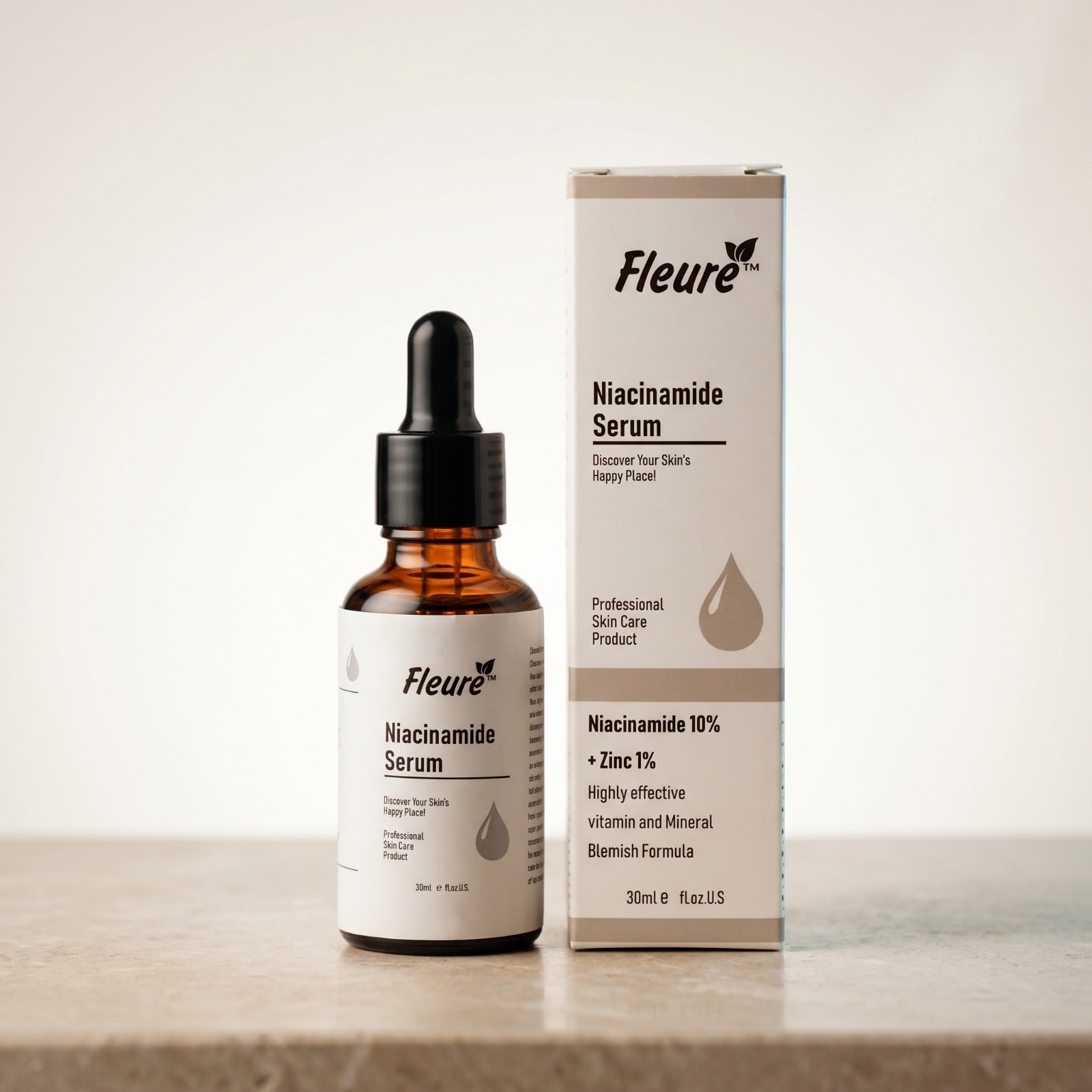 Fleuré Niacinamide 10% + Zinc 1% Serum 30ml bottle and box – best niacinamide serum for oily and acne-prone skin in Pakistan