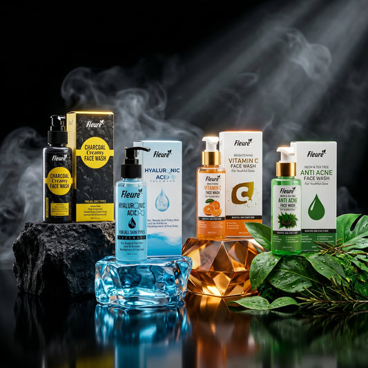 Fleure 4 Face Wash Bundle with charcoal face wash, vitamin C face wash, hyaluronic acid face wash, and tea tree neem face wash