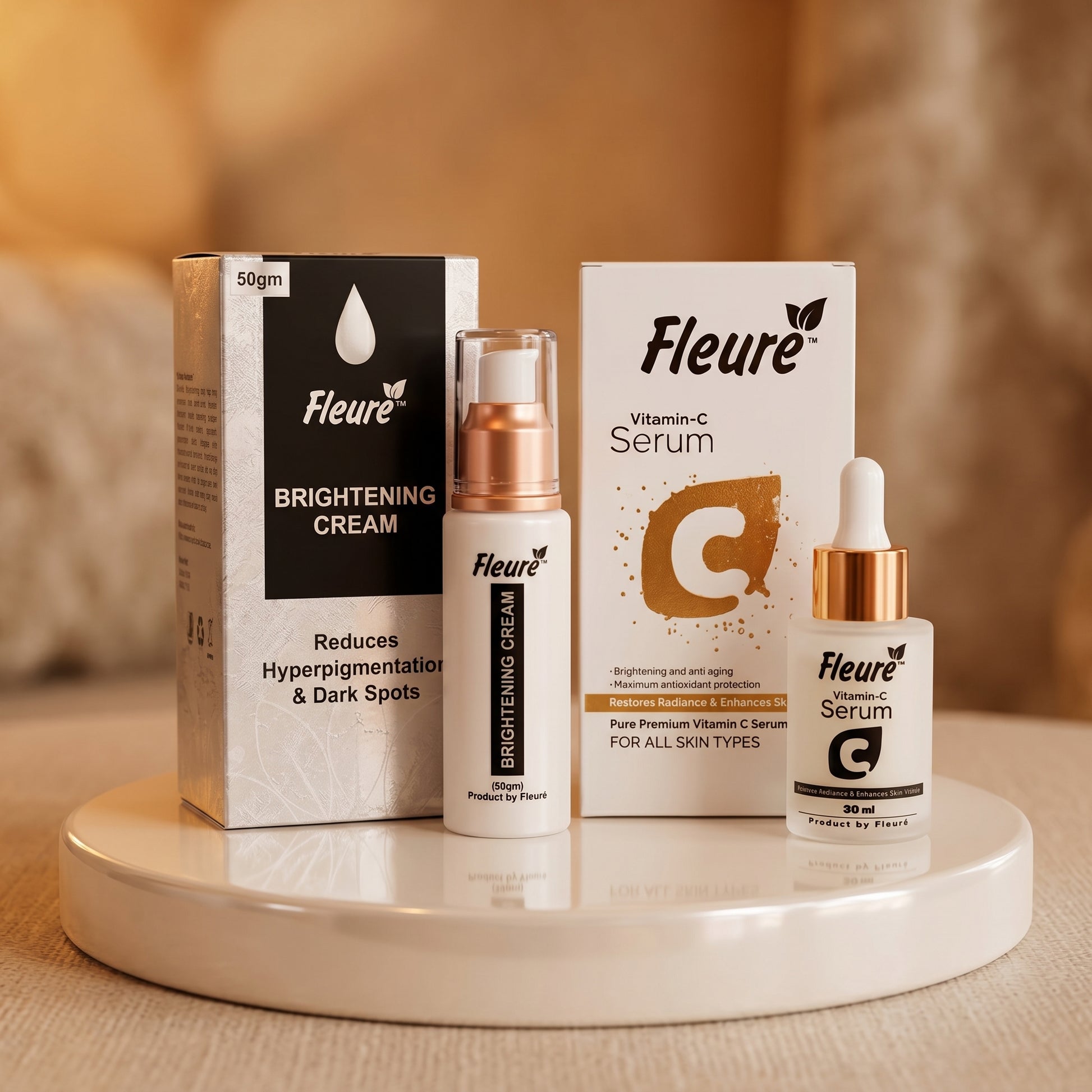 Fleuré Glow Bundle with Vitamin C Serum and Brightening Cream for dark spots and radiant skin in Pakistan
