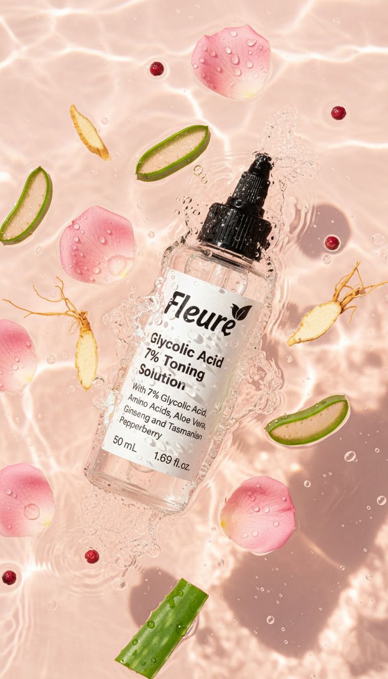 Fleuré Glycolic Acid toner applied with a cotton pad for a smooth, refreshed complexion
