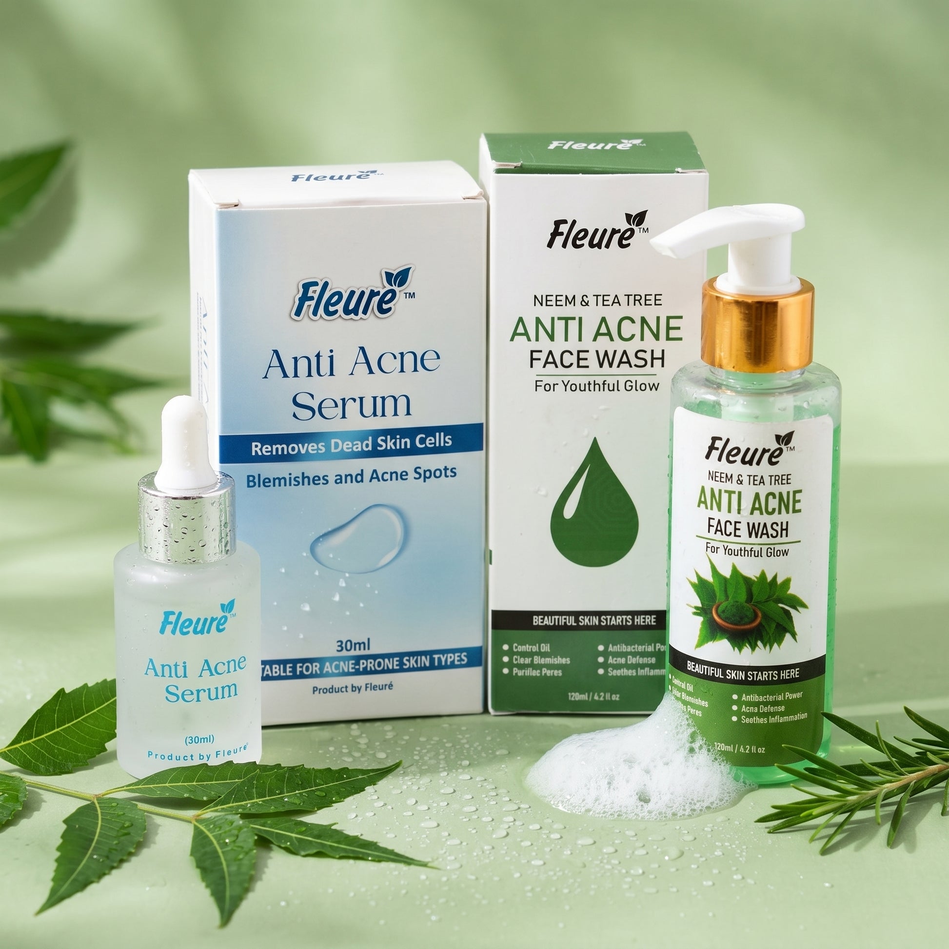 Fleure anti acne kit with anti acne serum and tea tree neem face wash for acne-prone skin in Pakistan
