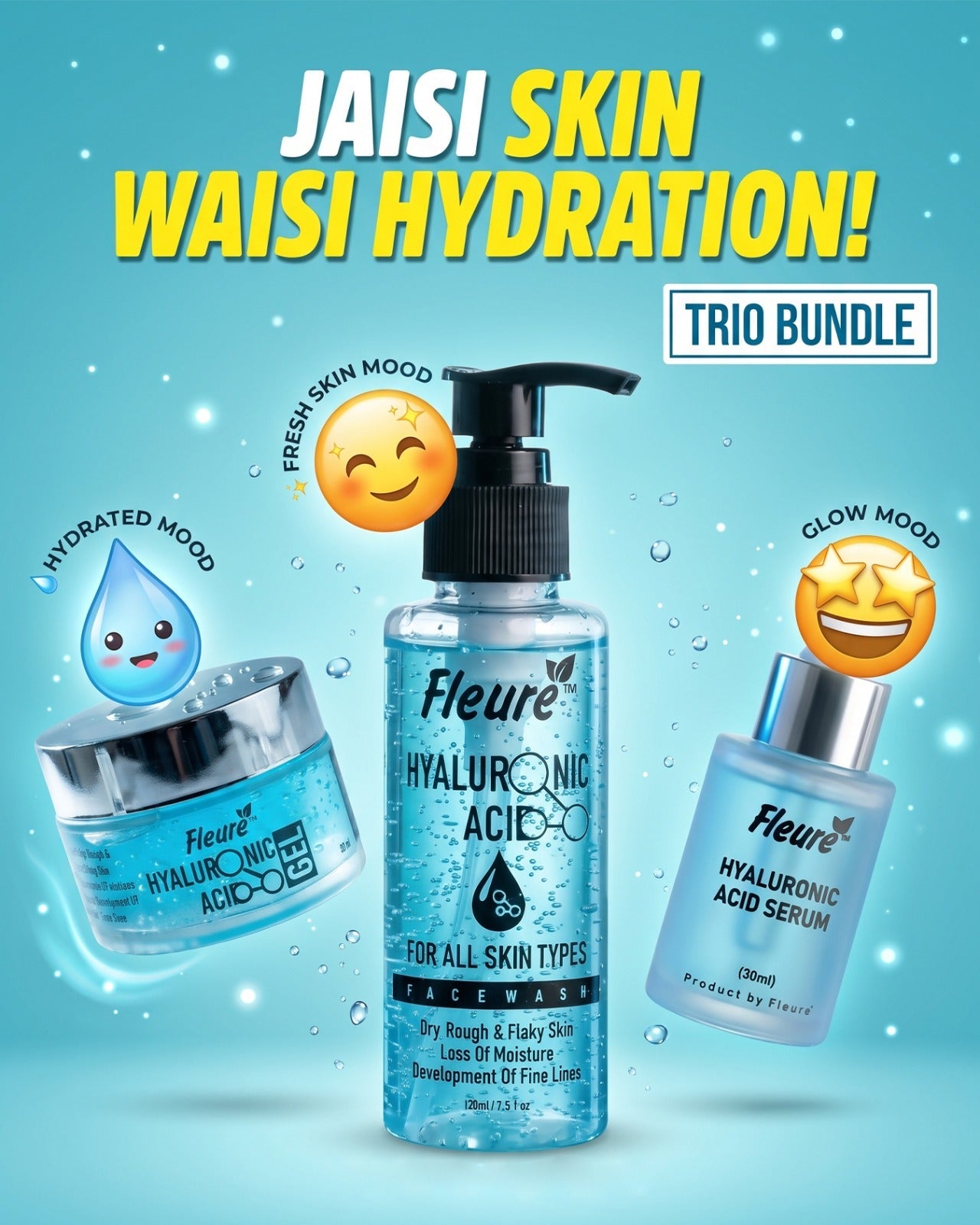 Fleure hyaluronic acid bundle with face wash serum and moisturizer gel
