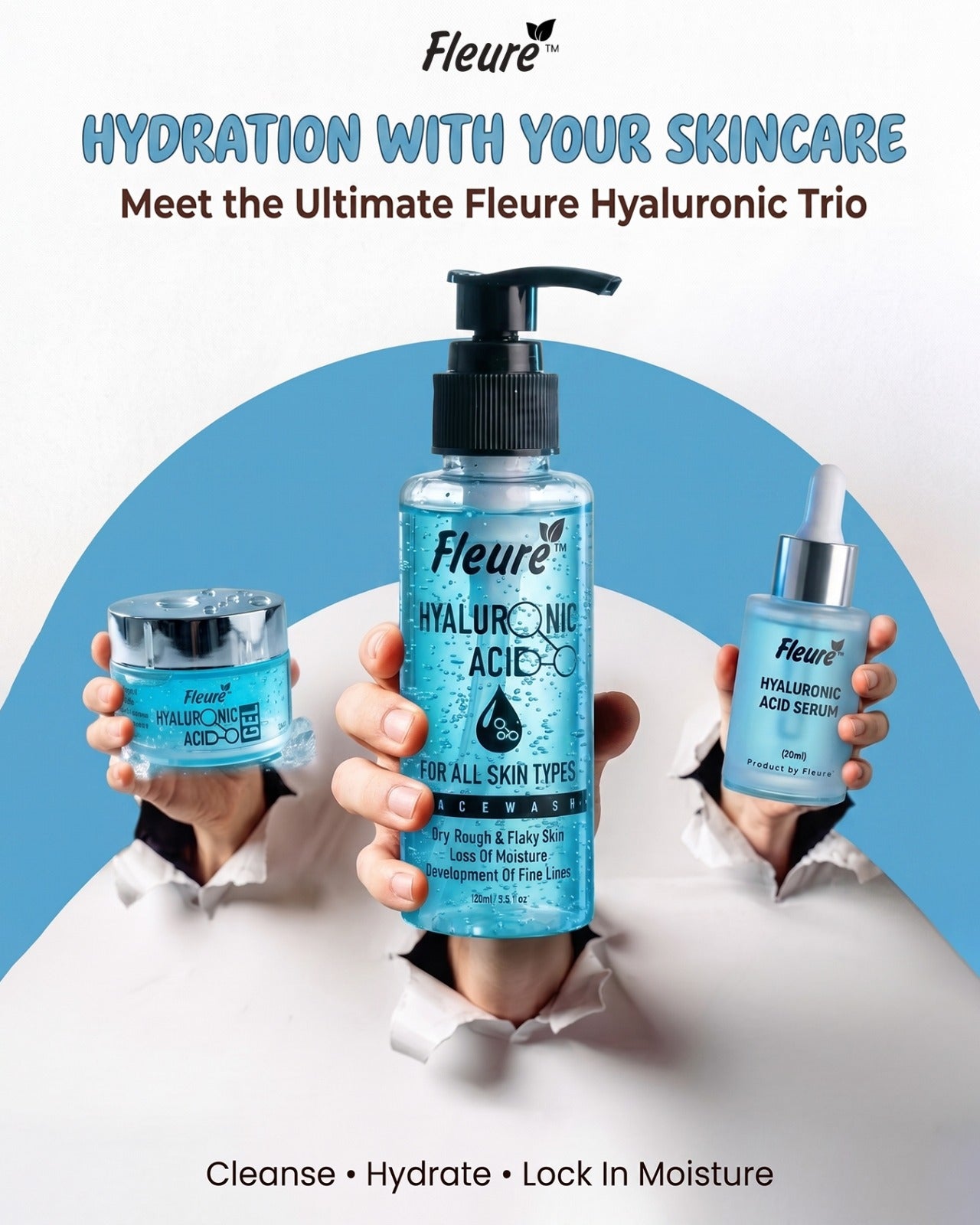 Fleure hydrating hyaluronic acid face wash serum and gel trio bundle
