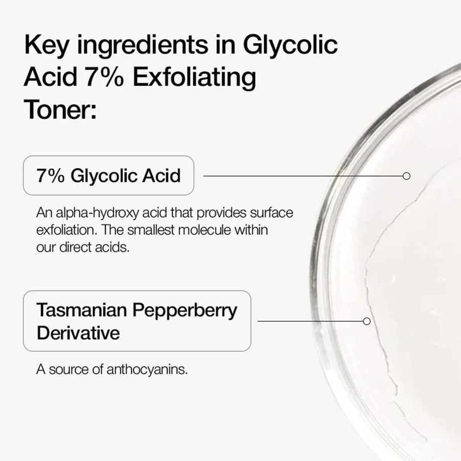Key ingredients in Fleuré Glycolic Acid 7% Exfoliating Toner with Glycolic Acid and Tasmanian Pepperberry