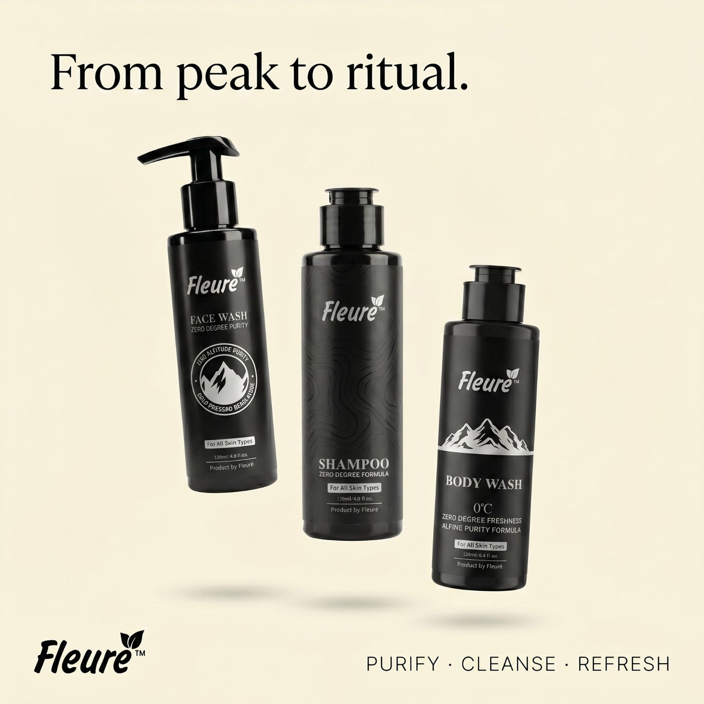Paraben-free face wash, cooling body wash, and menthol shampoo in Fleuré Zero Degree Kit