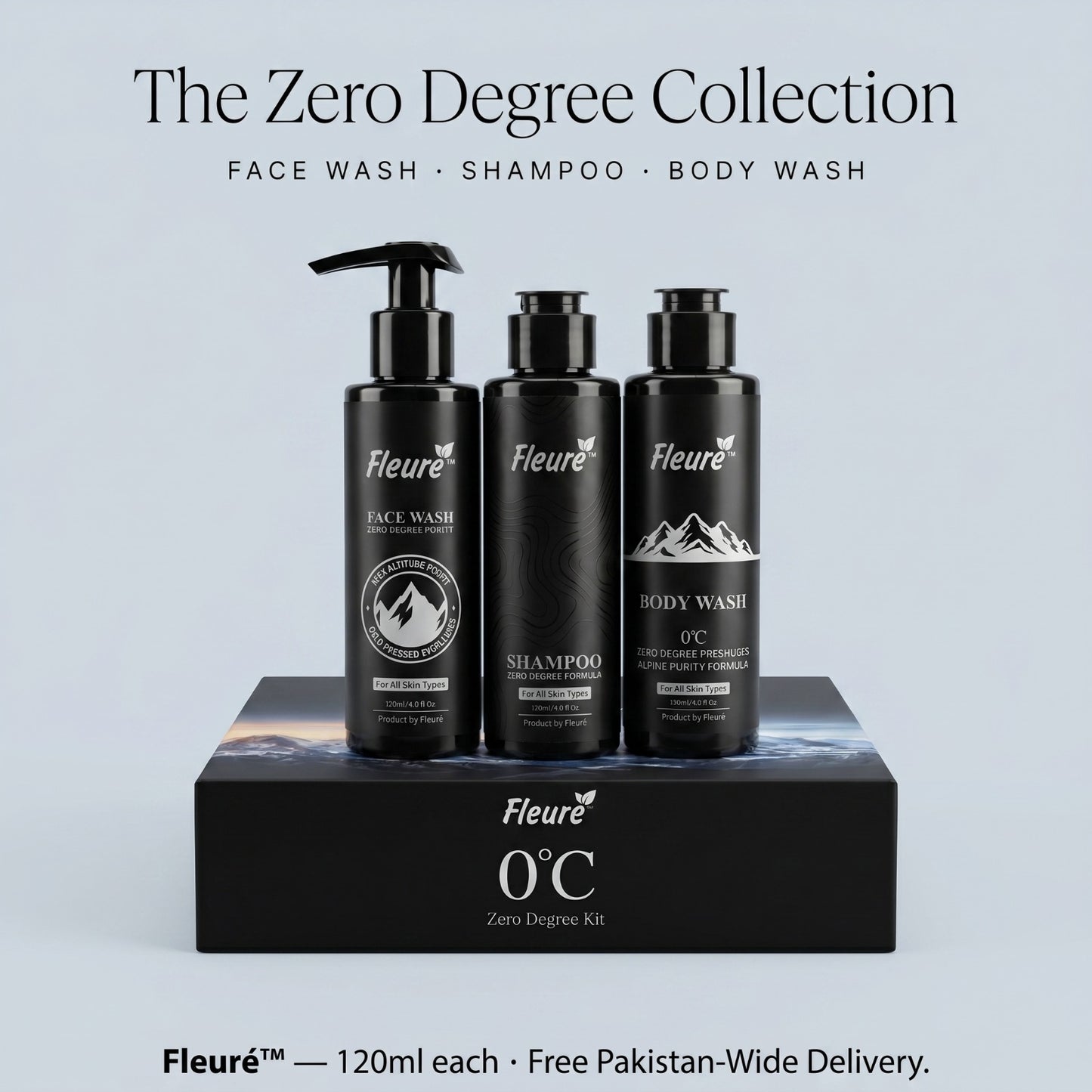 Zero Degree Kit featuring menthol face wash, cooling body wash and sulfate-free shampoo