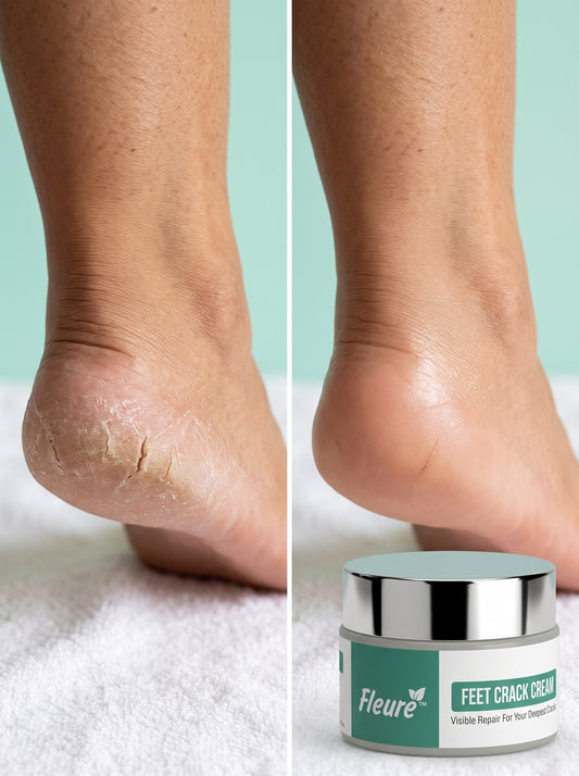 Before and after — cracked heel visibly repaired with Fleuré Feet Crack Cream