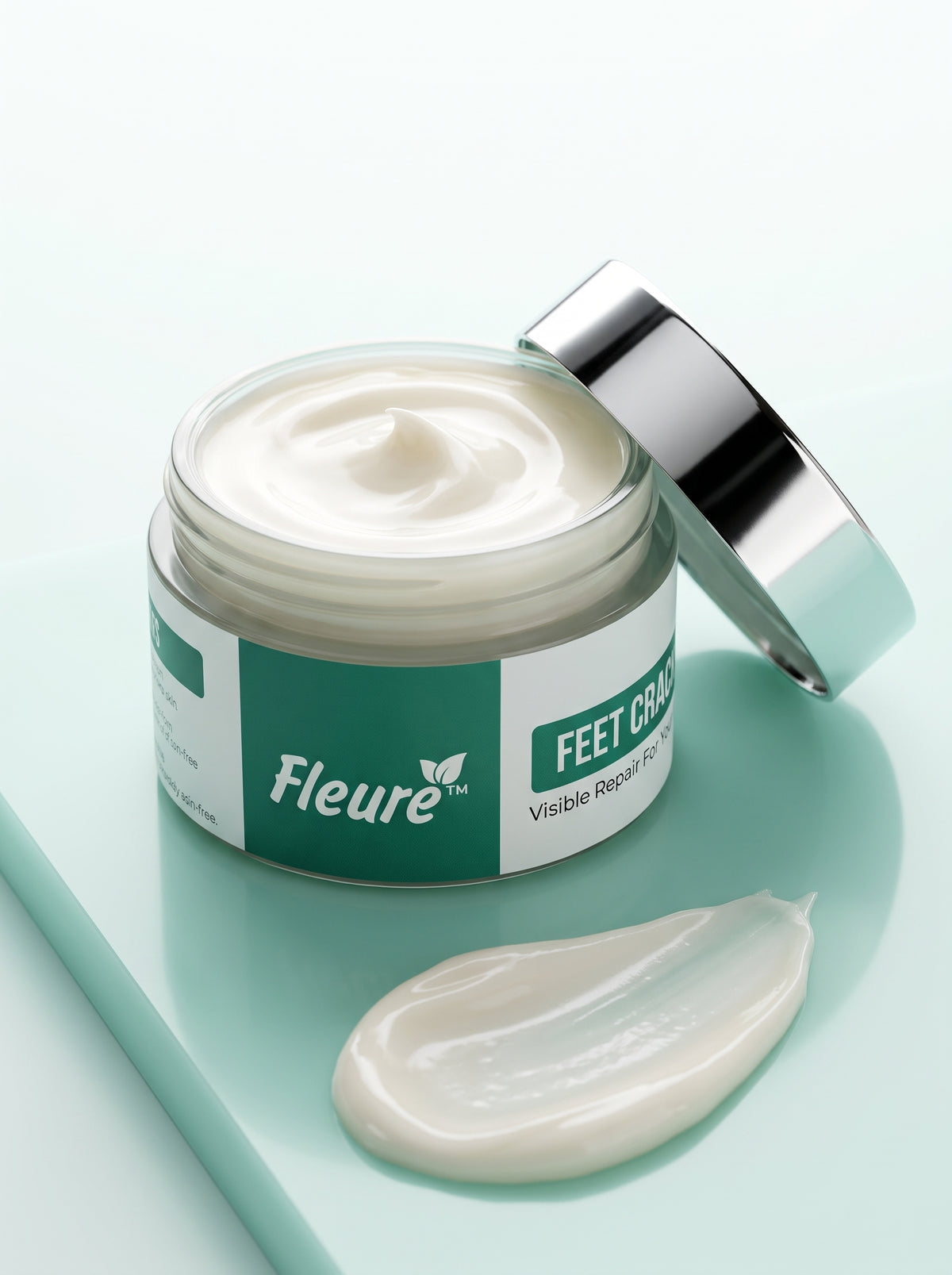 Fleuré Feet Crack Cream rich texture — open jar and cream swatch