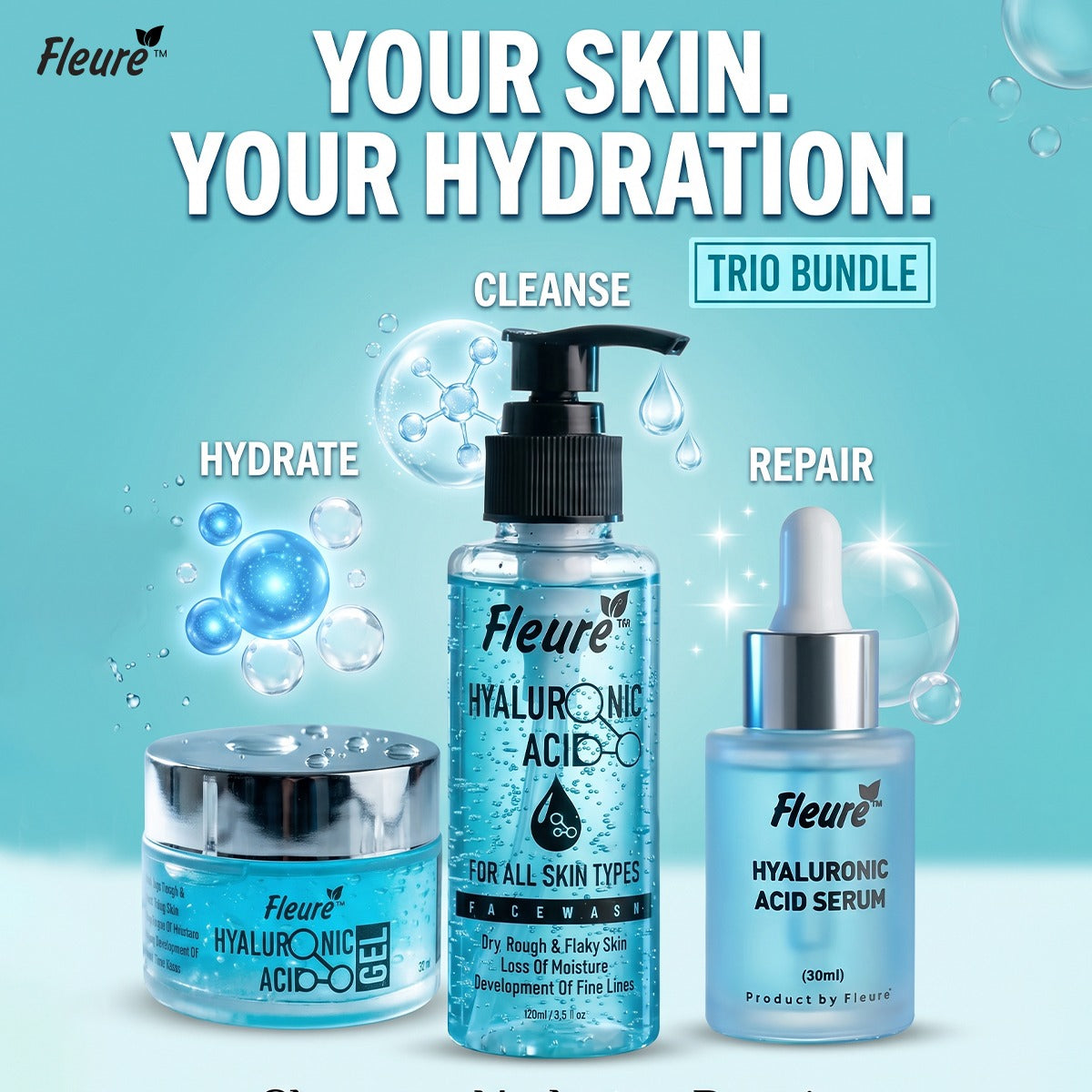 Fleuré Hyaluronic Bundle Hydrate Cleanse Repair Trio